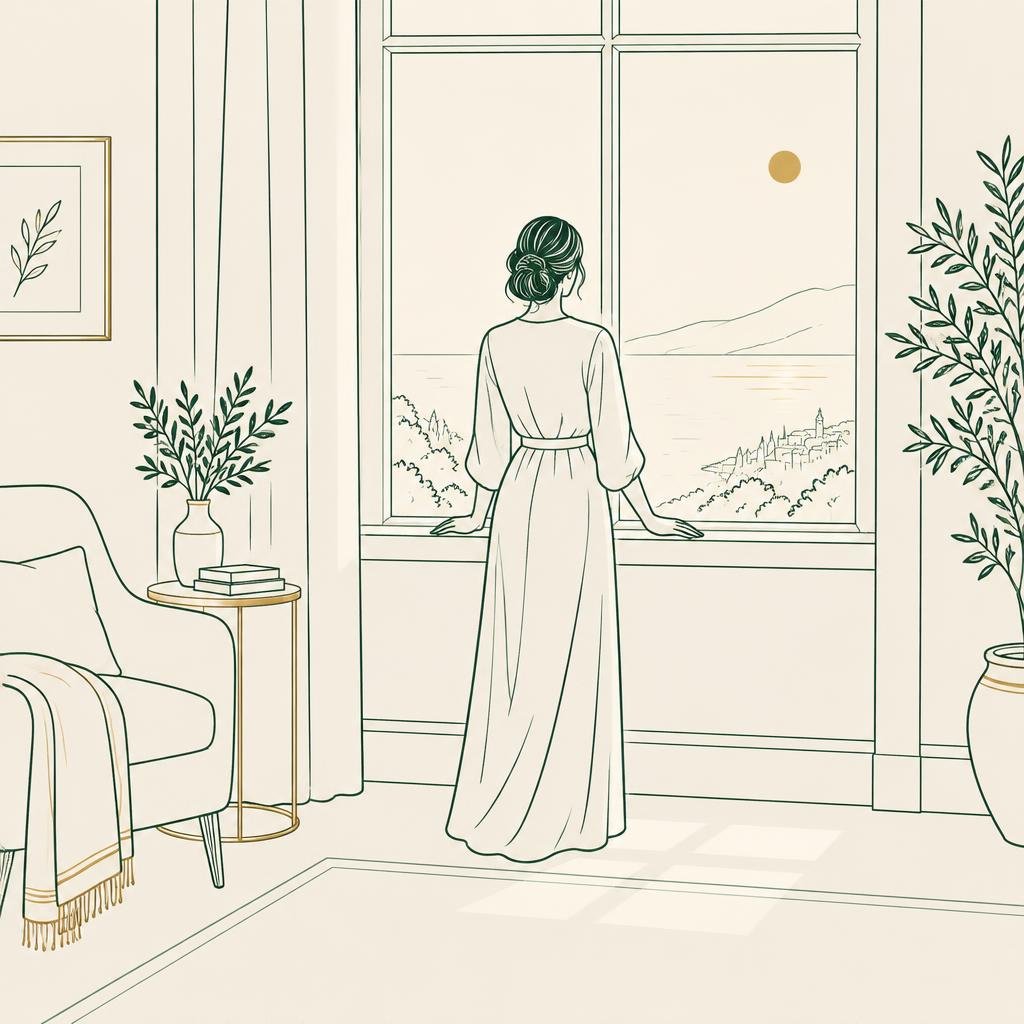 Line illustration of a woman seen from behind, standing at a bright window